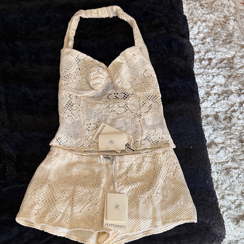 Peppermayo Cream Crochet Halter Romper Set